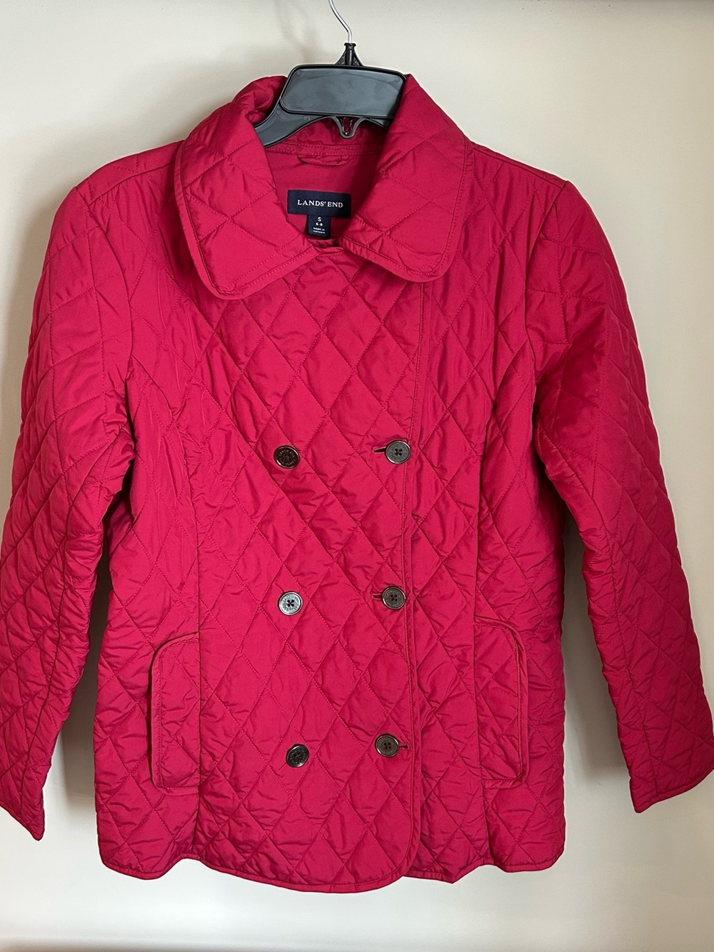 Lands' End Quilted Double-Breasted Pea Coat in Fuschia